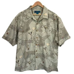 Paradise Blue 100% Silk Martini Hawaiian Print Shirt Mens Large Short Sleeve